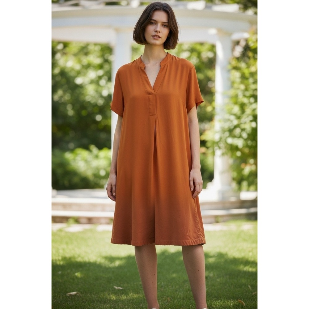 HM Terracotta Orange Shift Dress Short Sleeve Split Neck Pleated Front Womens XS